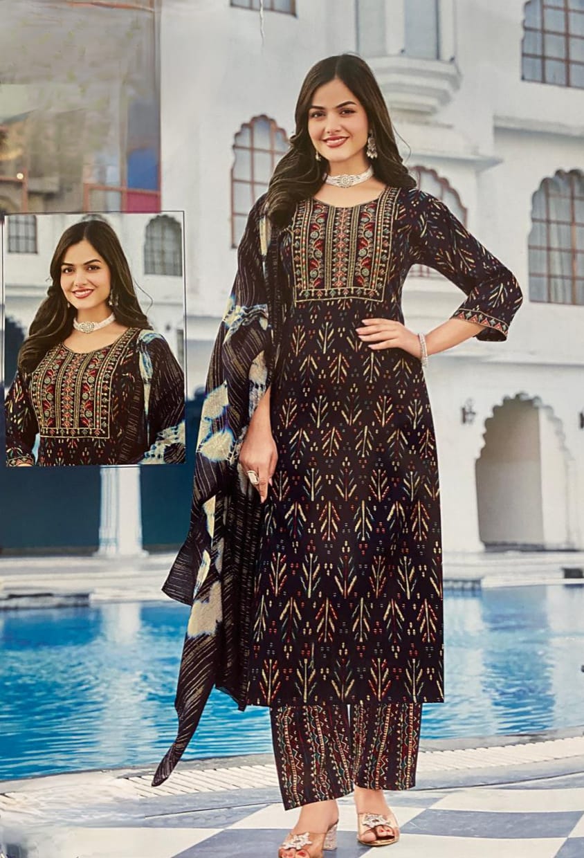 Women's Cotton Print Straight Kurta With Pant Dupatta