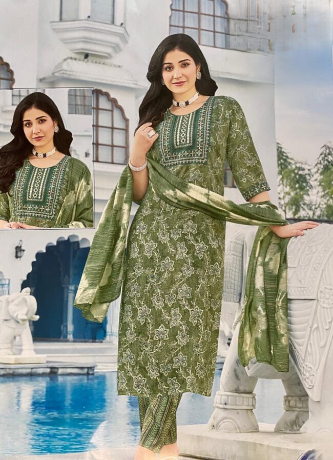 Women's Cotton Print Straight Kurta With Pant Dupatta