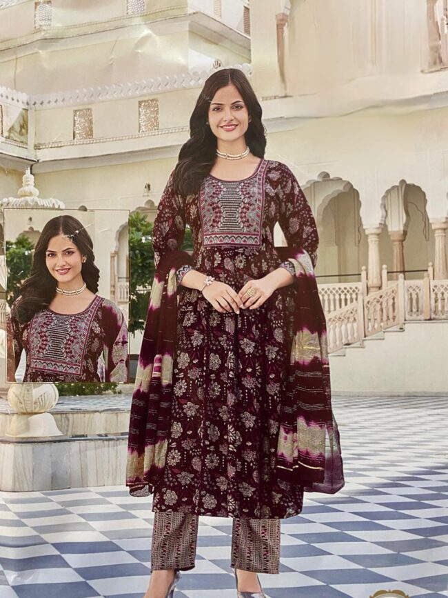 Women’s Cotton Print Anarkali Kurta With Pant Dupatta