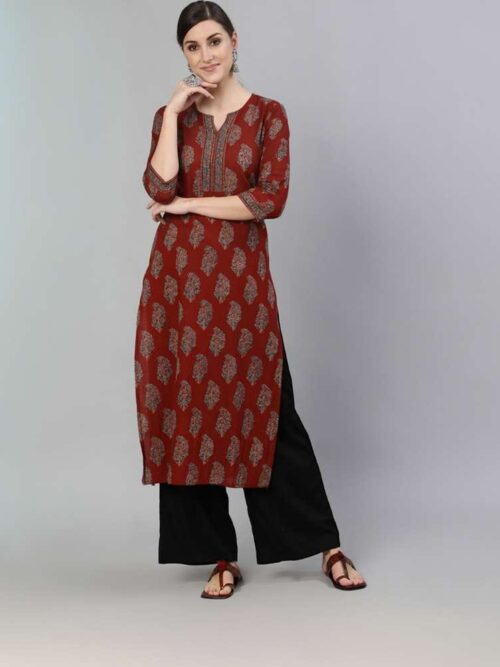Women Floral Print Cotton Silk Straight Kurta  (Brown)