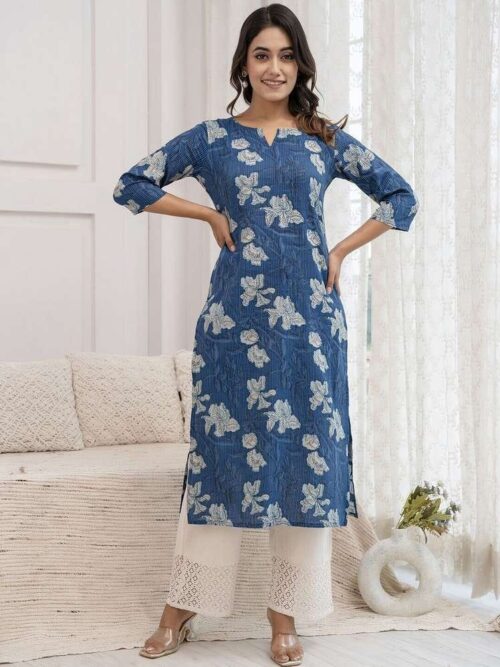 Women Printed Viscose Rayon Straight Kurta  (Blue)
